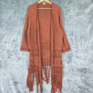 Womens Cardigan 2X Boho Duster Fringe Western Open Kimono Crochet Knit Festival